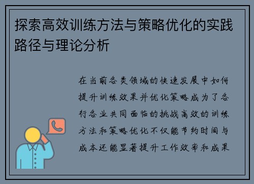 探索高效训练方法与策略优化的实践路径与理论分析